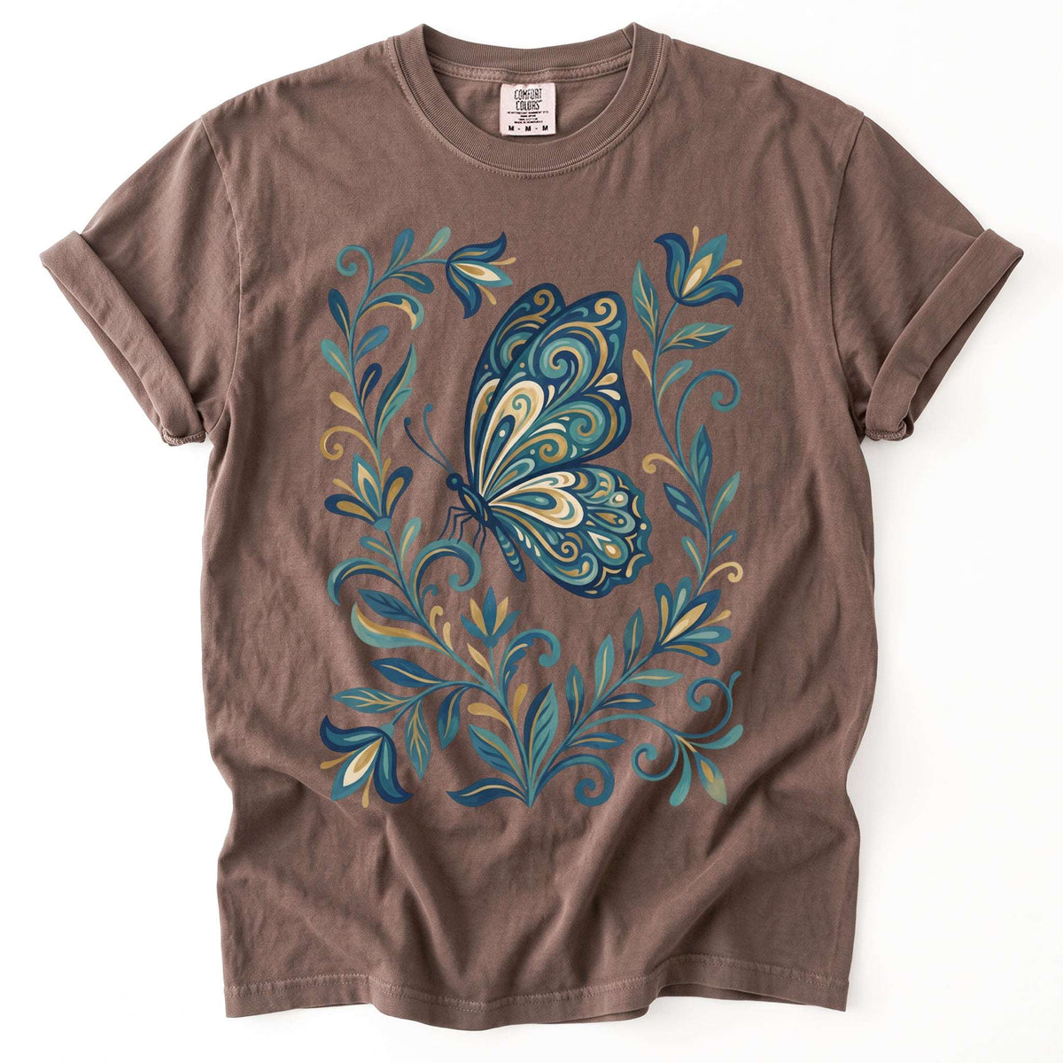 Folk Art Teal And Gold Butterfly Vintage Washed T-Shirt