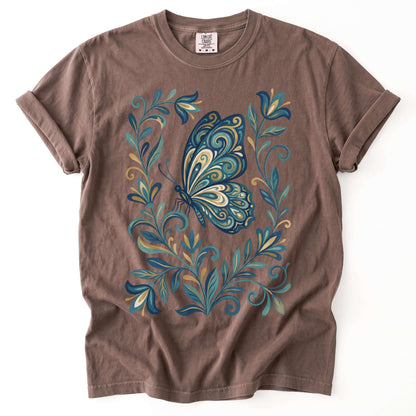 Folk Art Teal And Gold Butterfly Vintage Washed T-Shirt