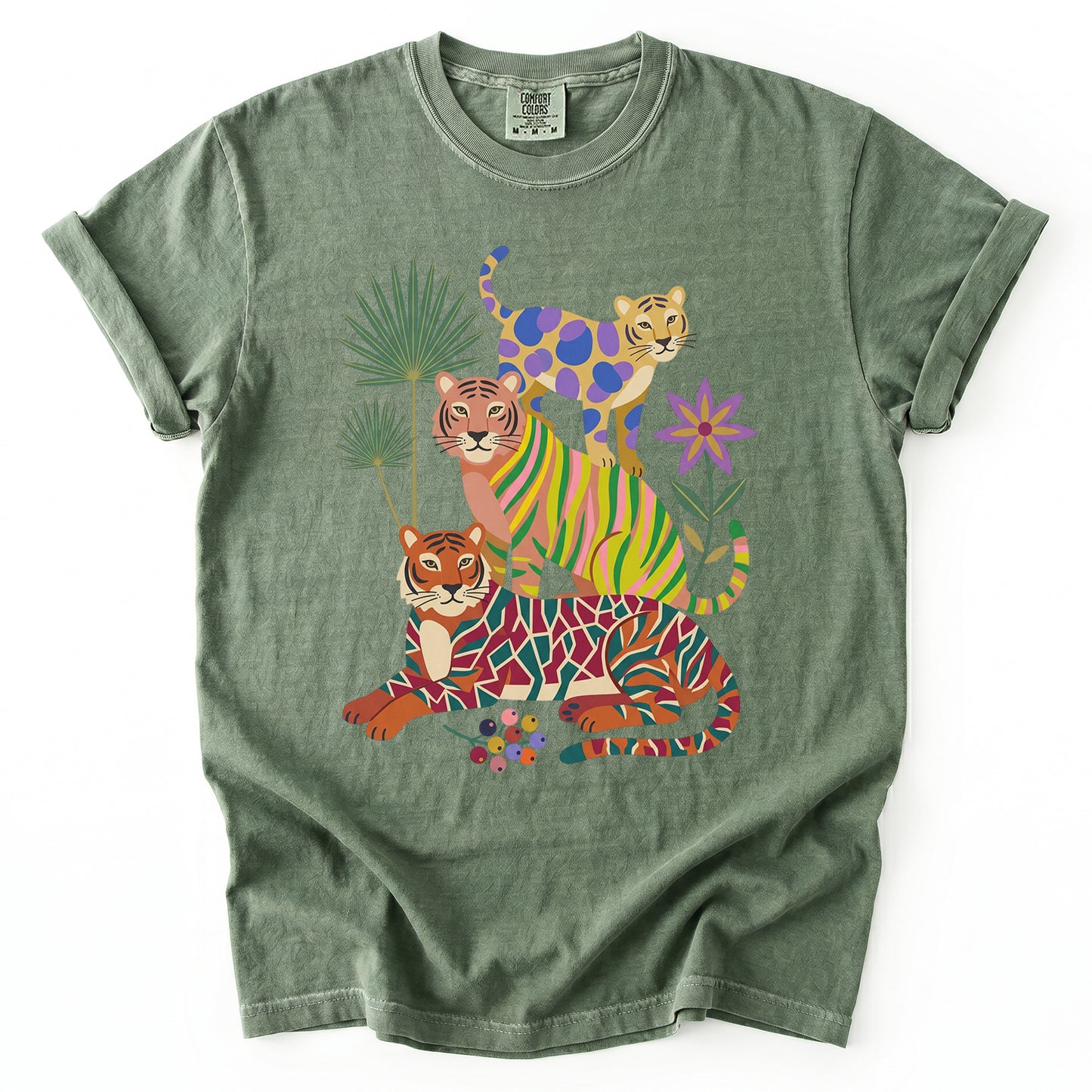 Folk Art Stacked Tigers Vintage Washed T-Shirt