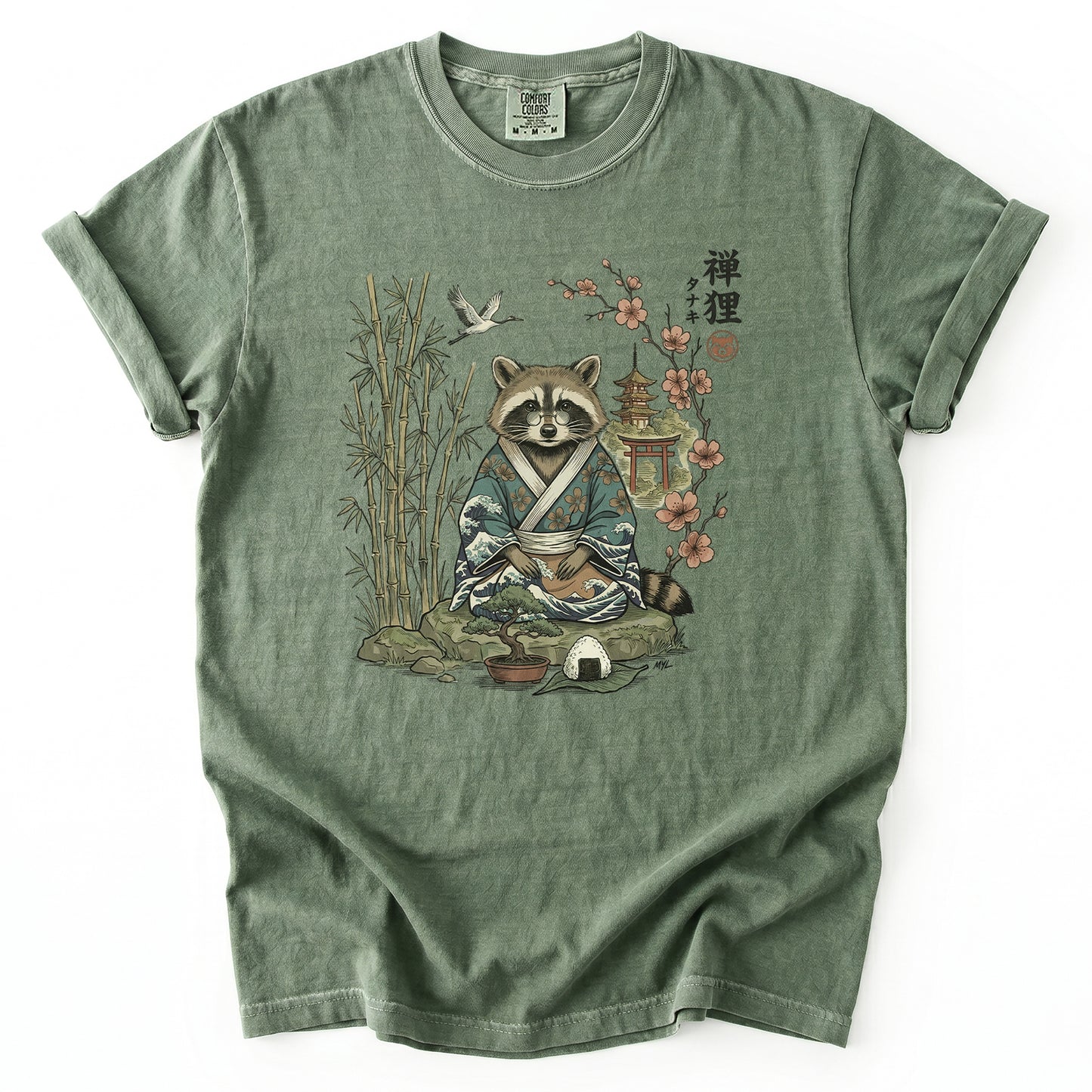 Traditional Japanese Woodblock Zen Raccoon Heavyweight T-Shirt