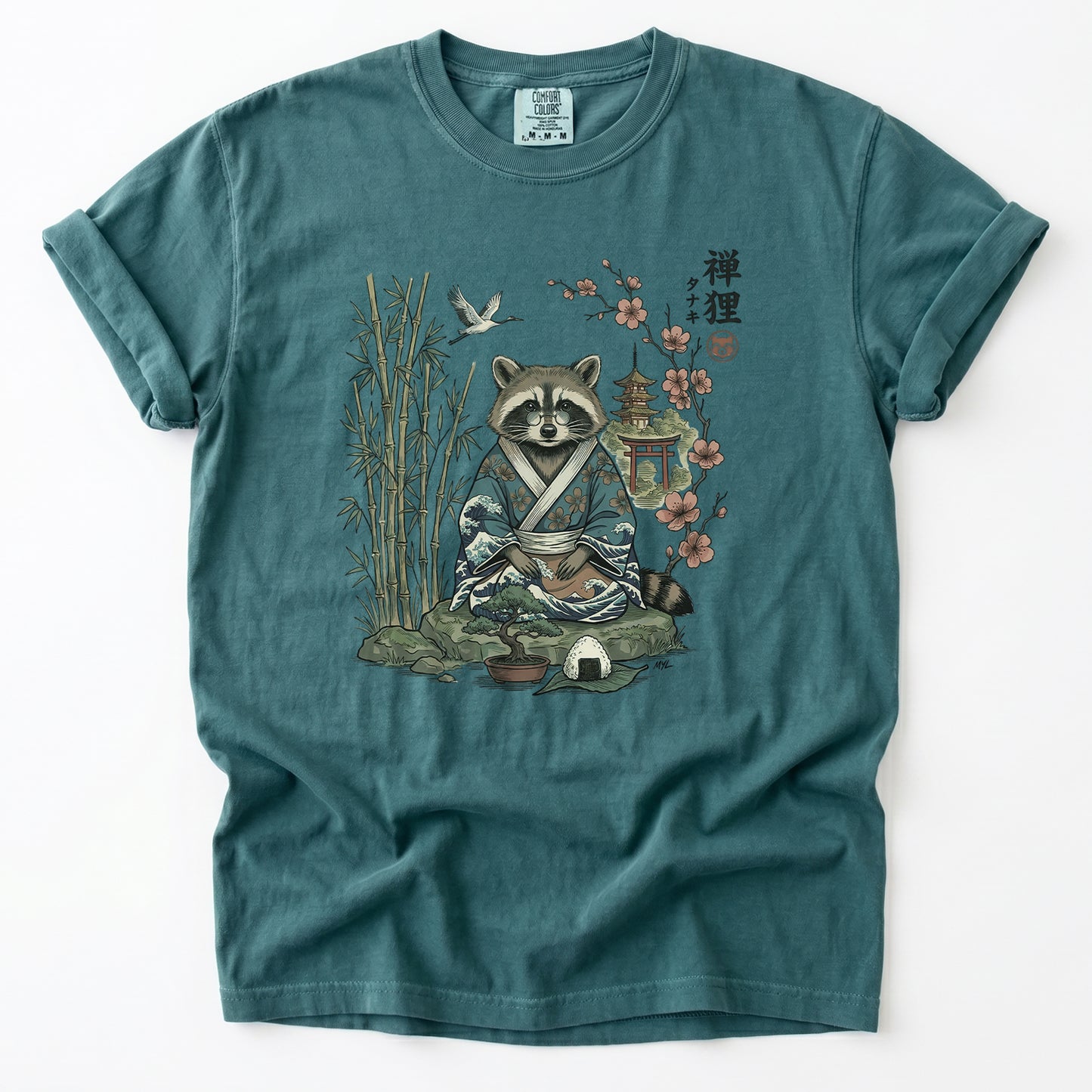 Traditional Japanese Woodblock Zen Raccoon Heavyweight T-Shirt