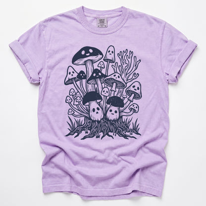 Linocut Ghost Mushrooms Vintage Washed T-Shirt