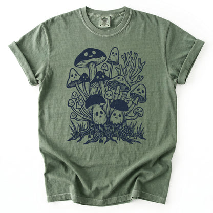 Linocut Ghost Mushrooms Vintage Washed T-Shirt
