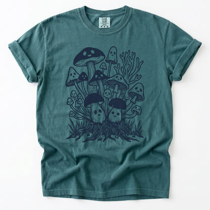 Linocut Ghost Mushrooms Vintage Washed T-Shirt