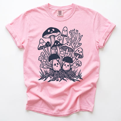 Linocut Ghost Mushrooms Vintage Washed T-Shirt