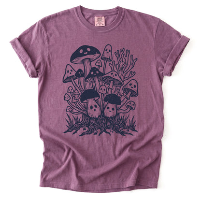 Linocut Ghost Mushrooms Vintage Washed T-Shirt