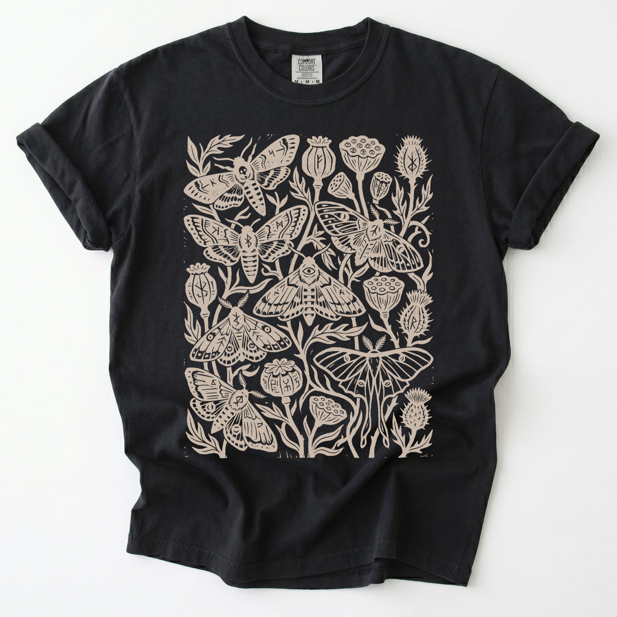 Linocut Moth & Poppy Pod Vintage Washed T-Shirt