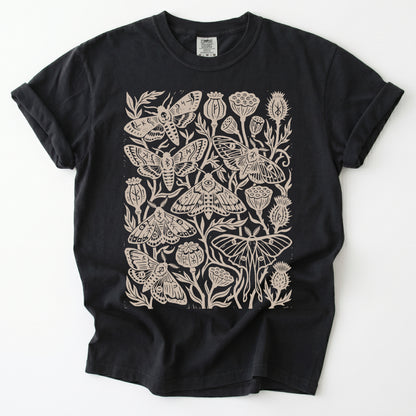 Linocut Moth & Poppy Pod Vintage Washed T-Shirt