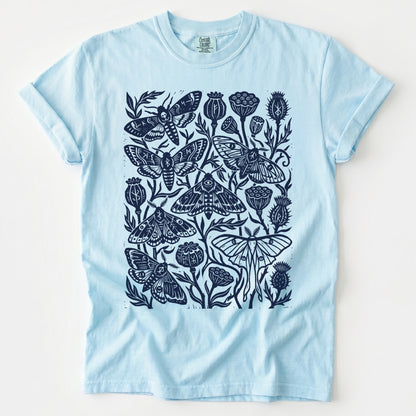Linocut Moth & Poppy Pod Vintage Washed T-Shirt