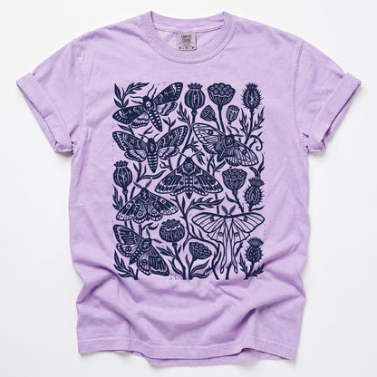 Linocut Moth & Poppy Pod Vintage Washed T-Shirt
