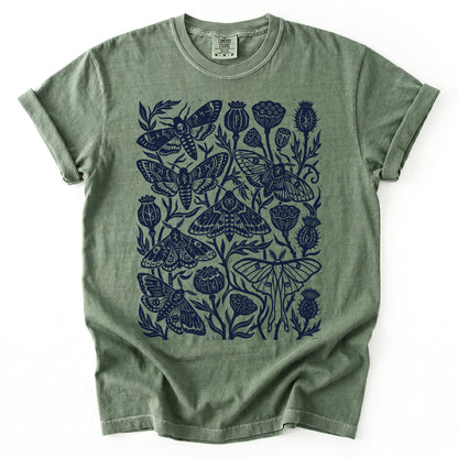 Linocut Moth & Poppy Pod Vintage Washed T-Shirt