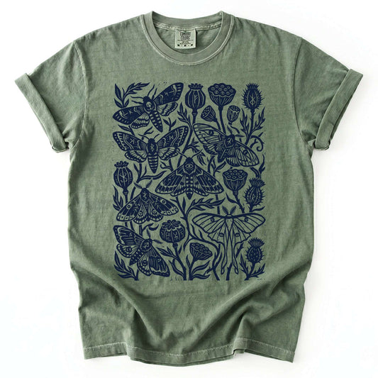 Linocut Moth & Poppy Pod Vintage Washed T-Shirt