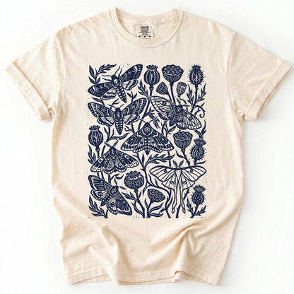 Linocut Moth & Poppy Pod Vintage Washed T-Shirt