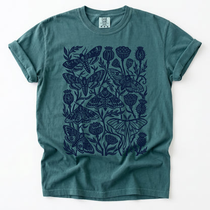 Linocut Moth & Poppy Pod Vintage Washed T-Shirt