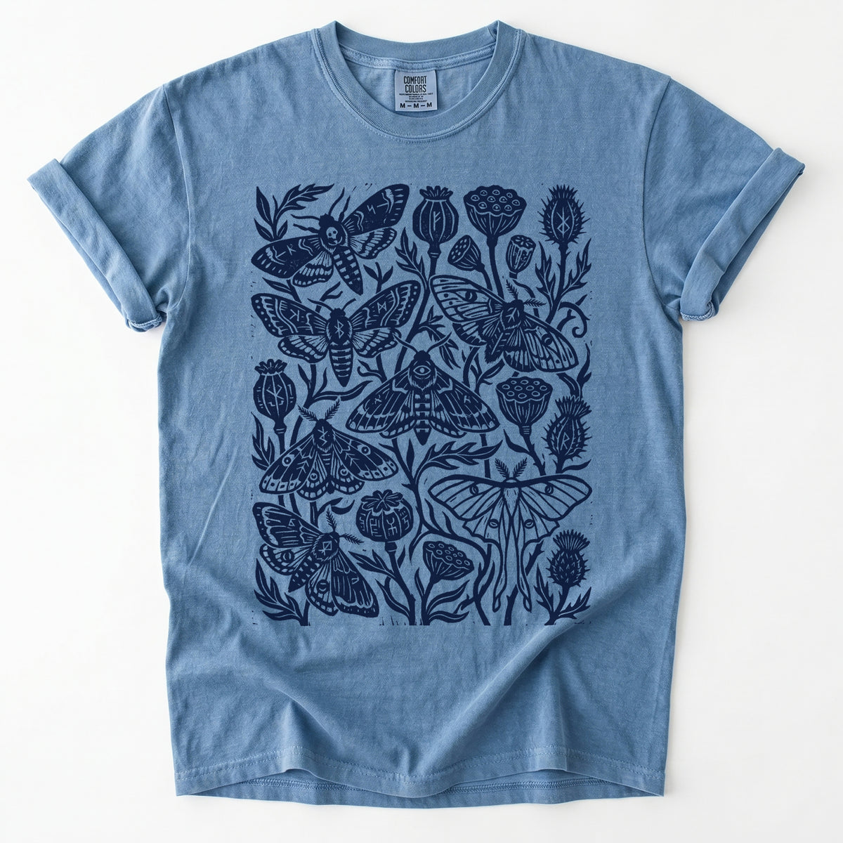 Linocut Moth & Poppy Pod Vintage Washed T-Shirt