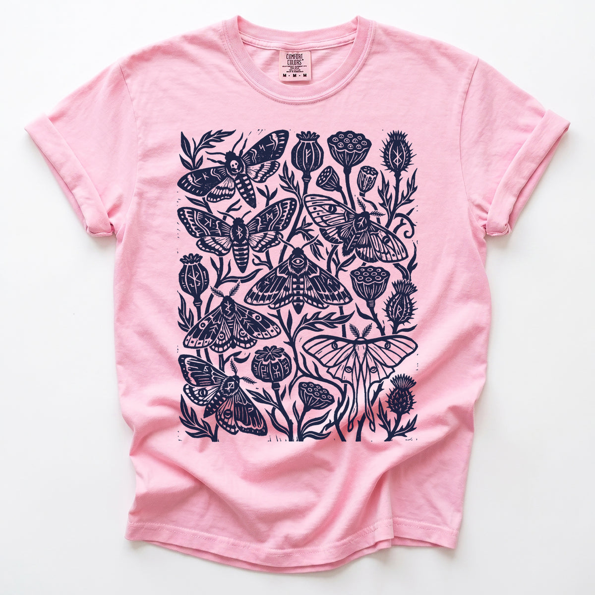Linocut Moth & Poppy Pod Vintage Washed T-Shirt