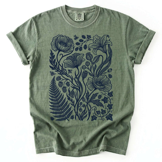 Linocut Poppy Garden Vintage Washed T-Shirt