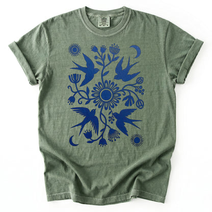 Celestial Linocut Swallows Heavyweight T-Shirt
