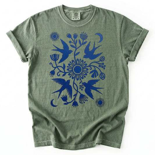 Celestial Linocut Swallows Heavyweight T-Shirt