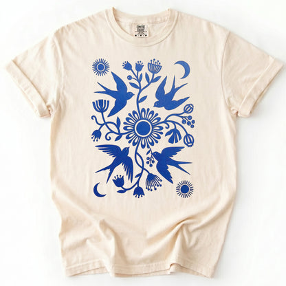 Celestial Linocut Swallows Heavyweight T-Shirt