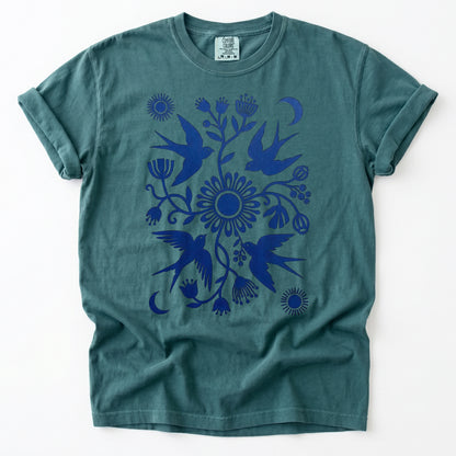 Celestial Linocut Swallows Heavyweight T-Shirt
