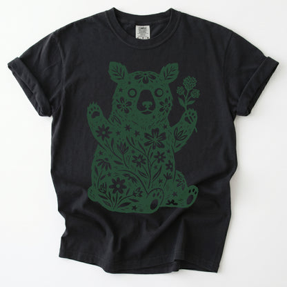 Linocut Wildflower Bear Vintage Washed T-Shirt