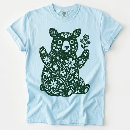 Linocut Wildflower Bear Vintage Washed T-Shirt