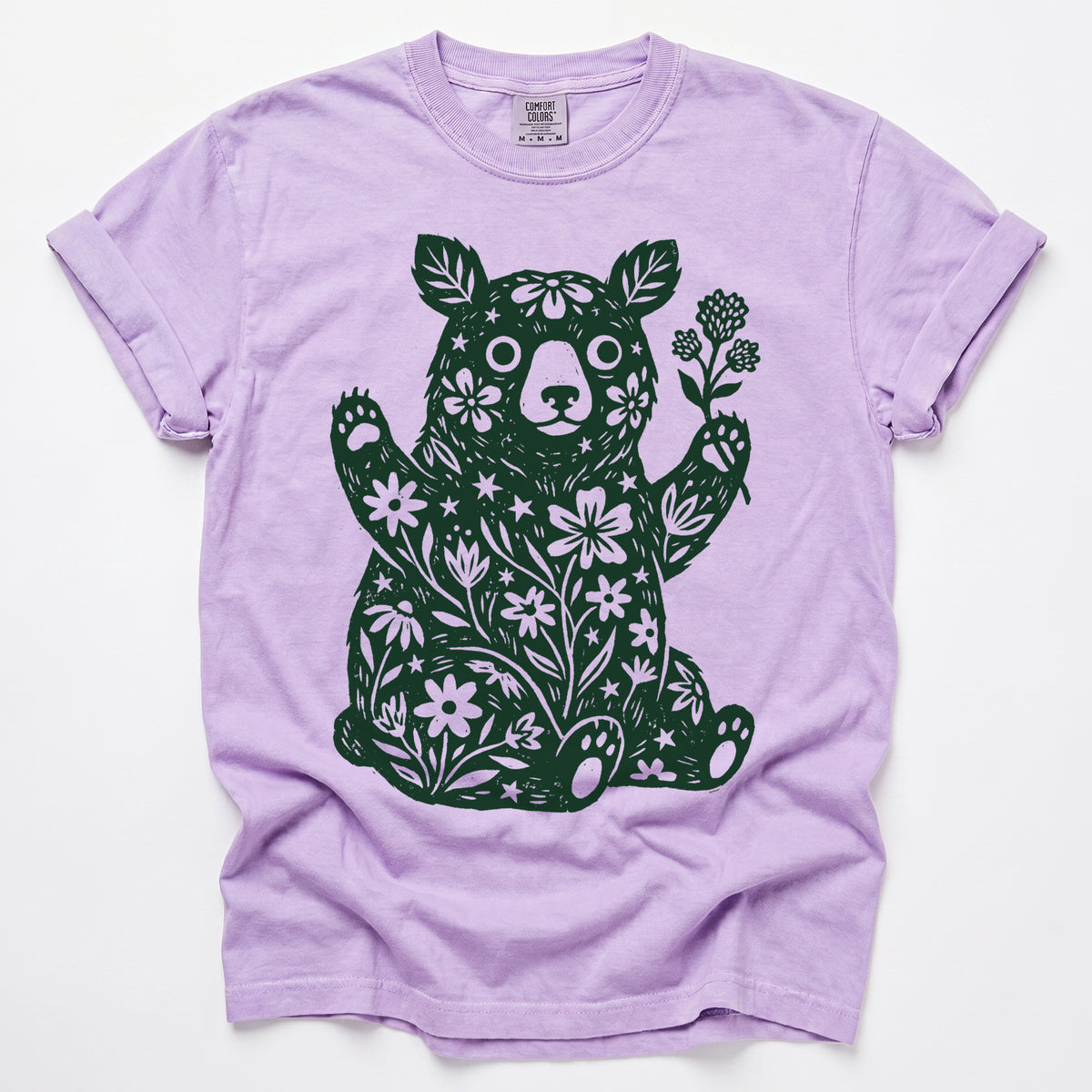 Linocut Wildflower Bear Vintage Washed T-Shirt