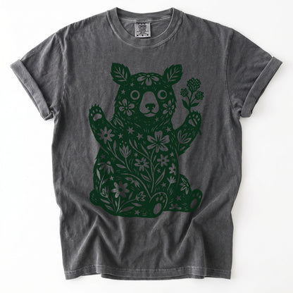 Linocut Wildflower Bear Vintage Washed T-Shirt