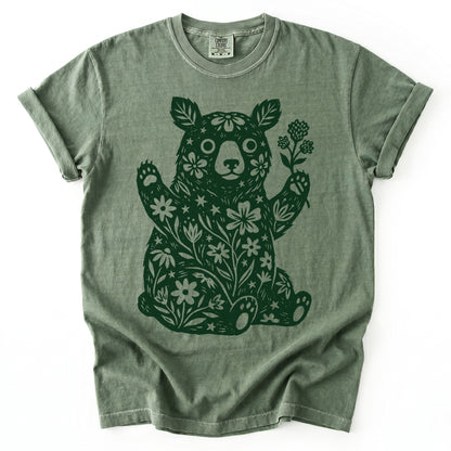 Linocut Wildflower Bear Vintage Washed T-Shirt
