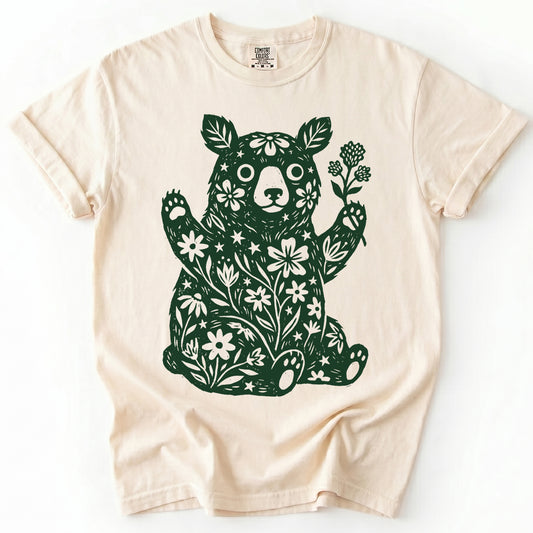 Linocut Wildflower Bear Vintage Washed T-Shirt
