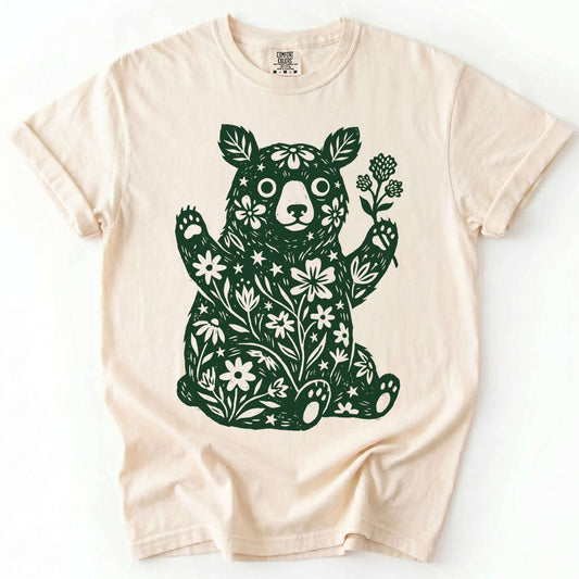 Linocut Wildflower Bear Vintage Washed T-Shirt