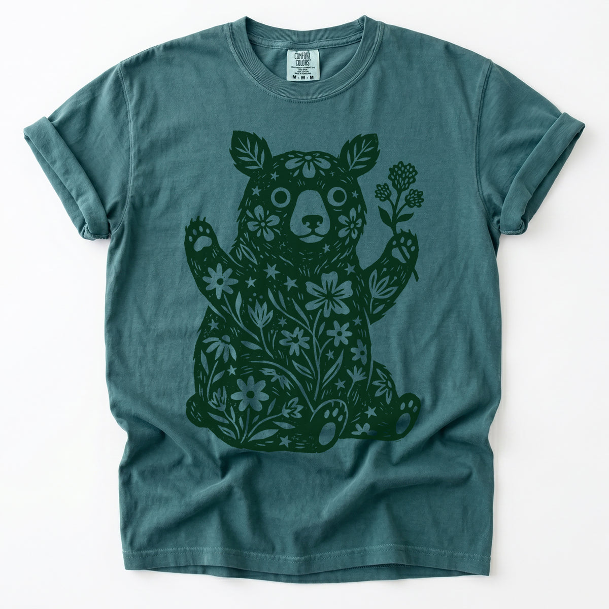 Linocut Wildflower Bear Vintage Washed T-Shirt