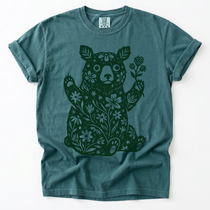 Linocut Wildflower Bear Vintage Washed T-Shirt