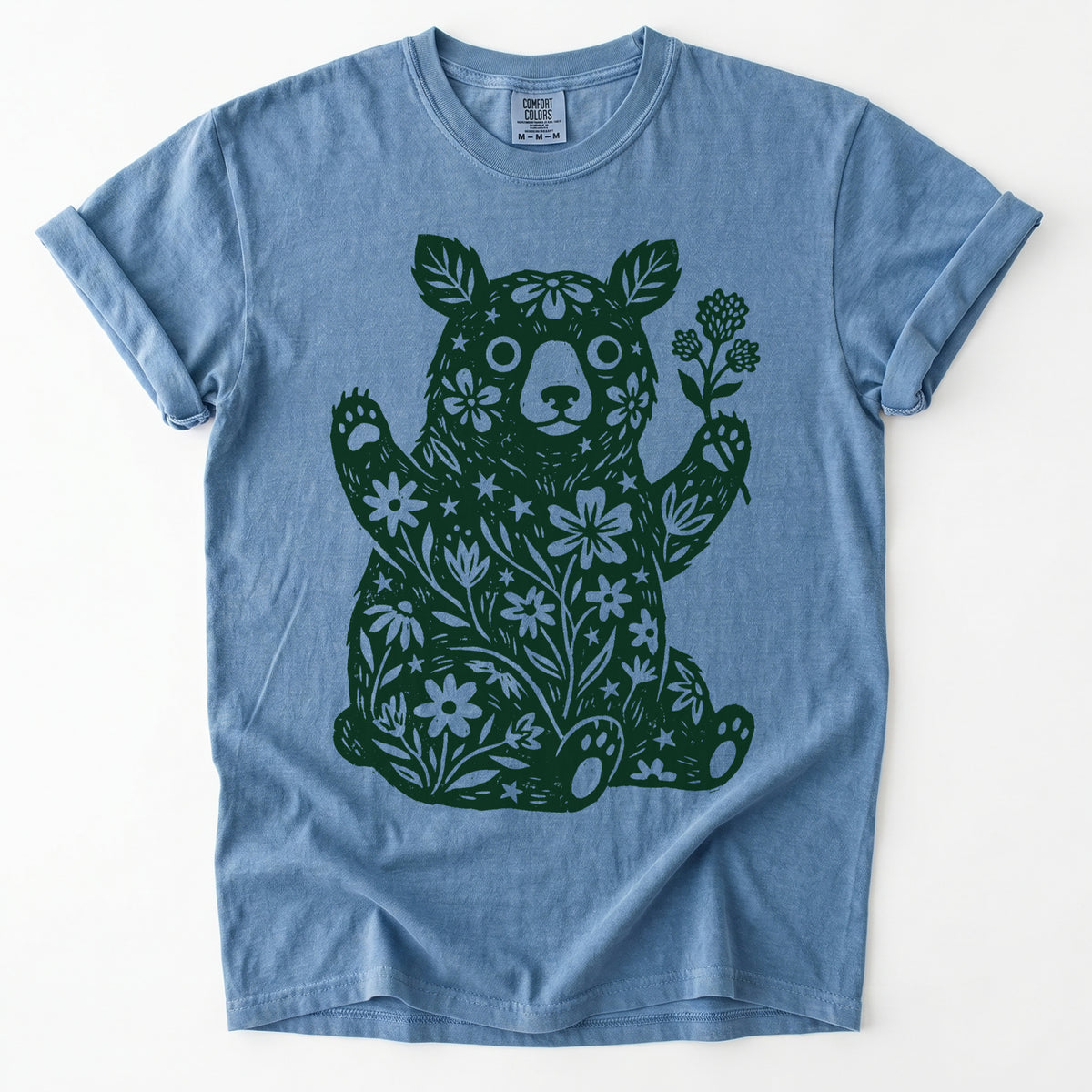 Linocut Wildflower Bear Vintage Washed T-Shirt
