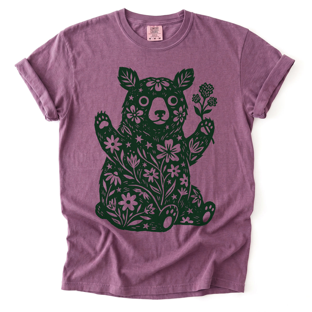 Linocut Wildflower Bear Vintage Washed T-Shirt