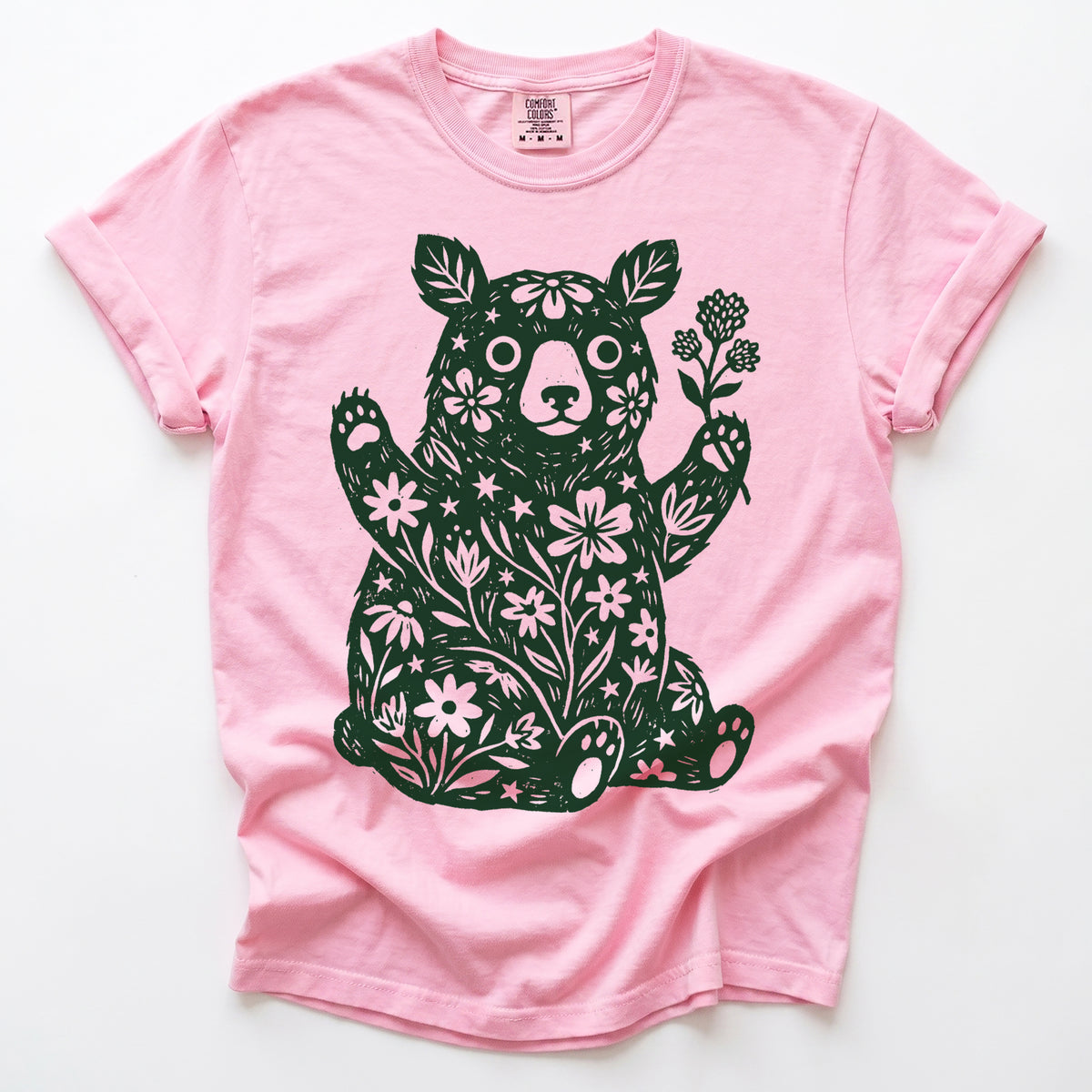 Linocut Wildflower Bear Vintage Washed T-Shirt