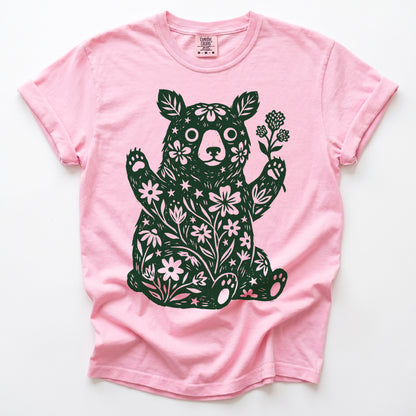 Linocut Wildflower Bear Vintage Washed T-Shirt
