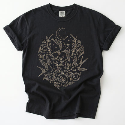 Minimalist Botanical Swallows Vintage Washed T-Shirt