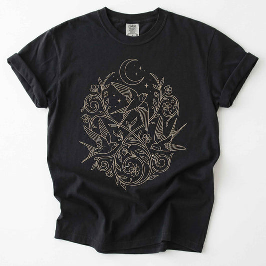 Minimalist Botanical Swallows Vintage Washed T-Shirt