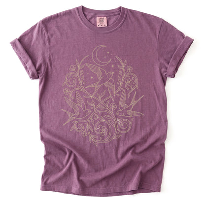 Minimalist Botanical Swallows Vintage Washed T-Shirt