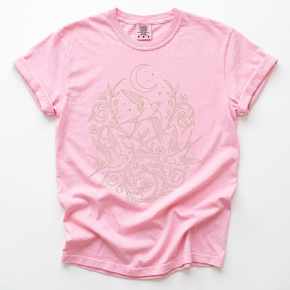 Minimalist Botanical Swallows Vintage Washed T-Shirt