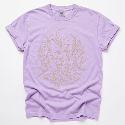 Minimalist Botanical Swallows Vintage Washed T-Shirt
