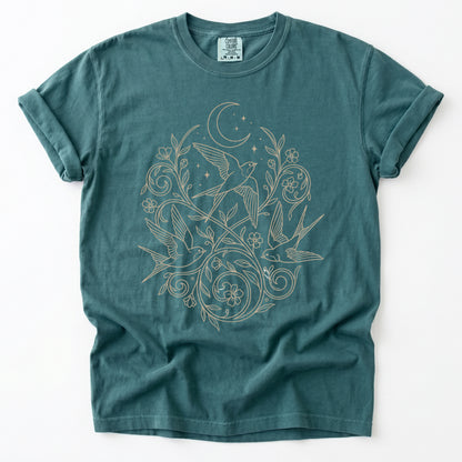 Minimalist Botanical Swallows Vintage Washed T-Shirt
