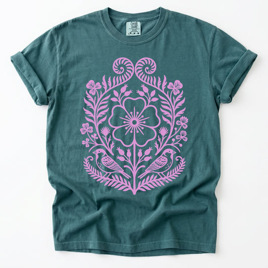 Pink Floral Folk Art Vintage Washed T-Shirt