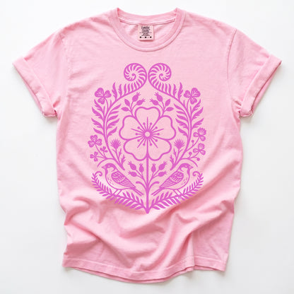 Pink Floral Folk Art Vintage Washed T-Shirt