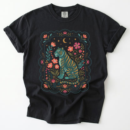 Scalloped Folk Garden Tiger Vintage Washed T-Shirt