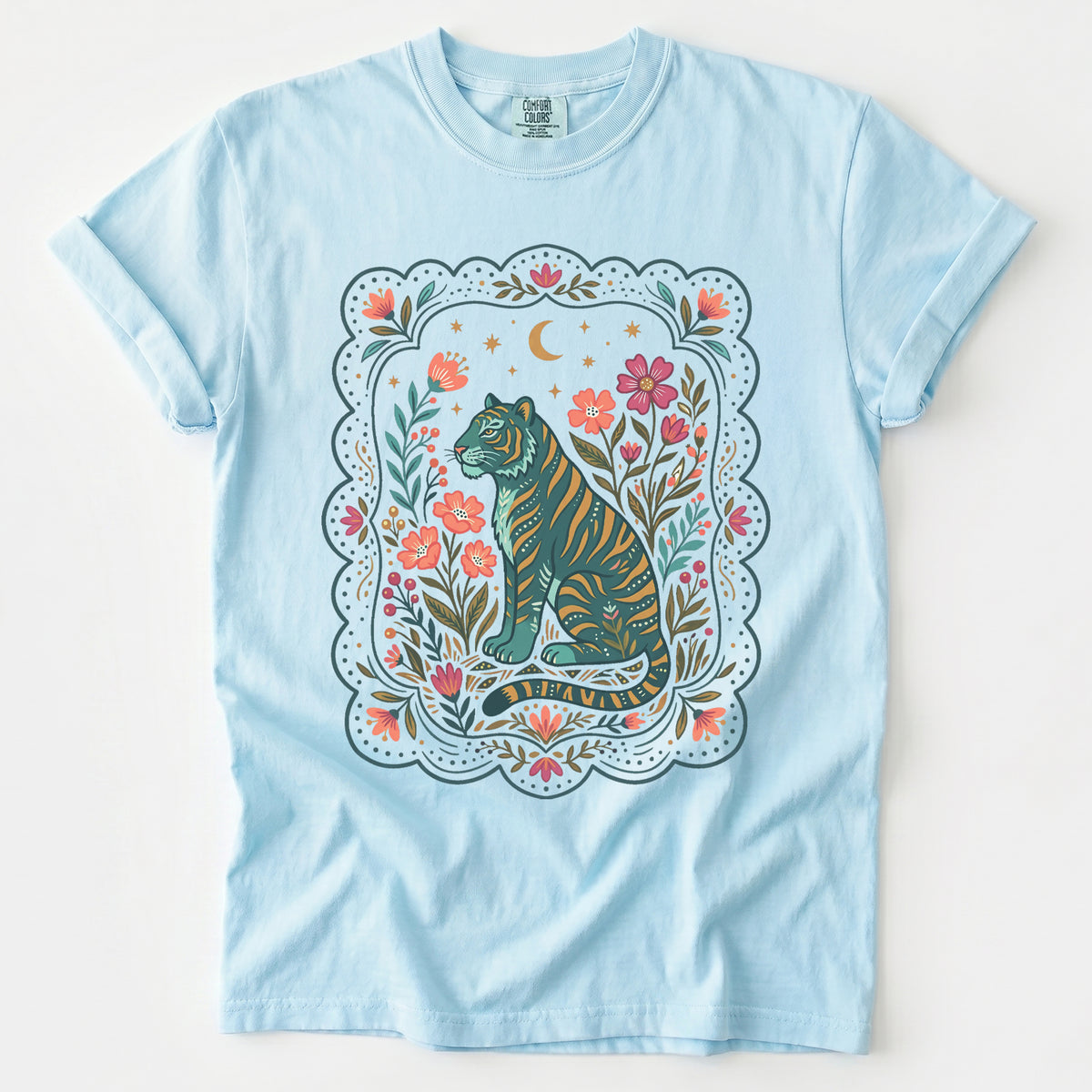 Scalloped Folk Garden Tiger Vintage Washed T-Shirt
