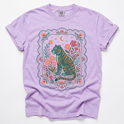 Scalloped Folk Garden Tiger Vintage Washed T-Shirt