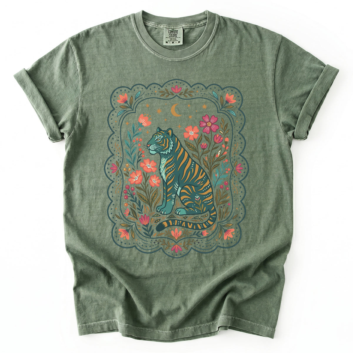 Scalloped Folk Garden Tiger Vintage Washed T-Shirt